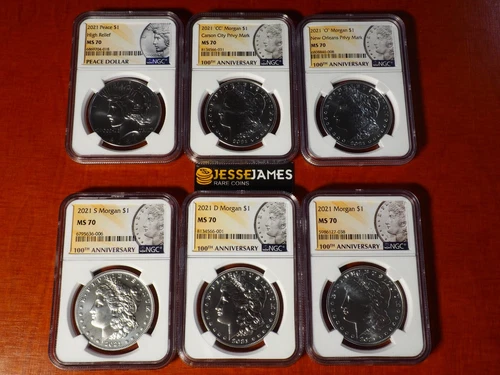 2021 $1 SILVER MORGAN & PEACE DOLLAR NGC MS70 FULL 6 COIN SET CC D S O
