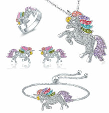Unicorn Jewelry Set Rainbow Rhinestone Crystal Necklace, Bracelet, Earring, Ring