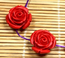 Red 15Mm Cinnabar Carved Flower Beads 10Pcs