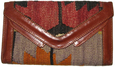Turkish KILIM Wool Tapestry Leather Large Wallet Clutch With Clips For Strap