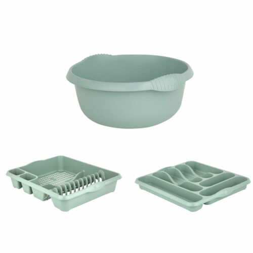 32cm Round Bowl, Large Dish Drainer & Large Cutlery Tray Silver Sage Kitchen Set - Picture 1 of 12