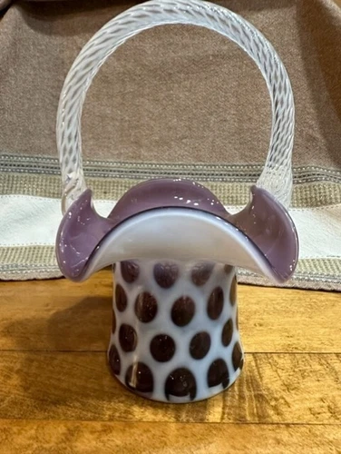 Fenton Art Glass Amethyst Violet Dot Optic Coin Dot Basket 9"t Vintage
