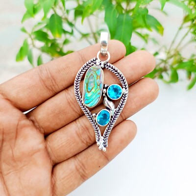 Abalone Shell With Blue Topaz Pendant 925 Sterling Silver Gemstone Jewelry 2.55''