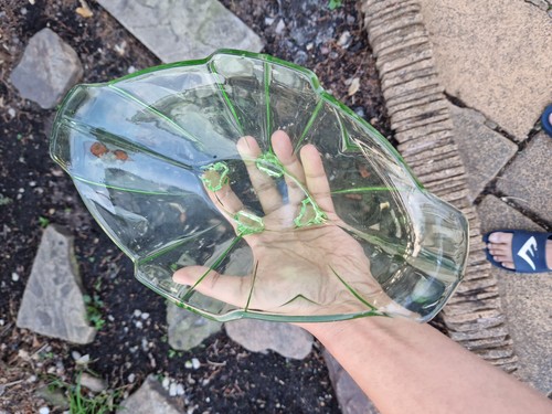 SOWERBY Vintage Art Deco Green Clear Glass Oval Fruit Bowl 1920's/30's - Picture 6 of 16
