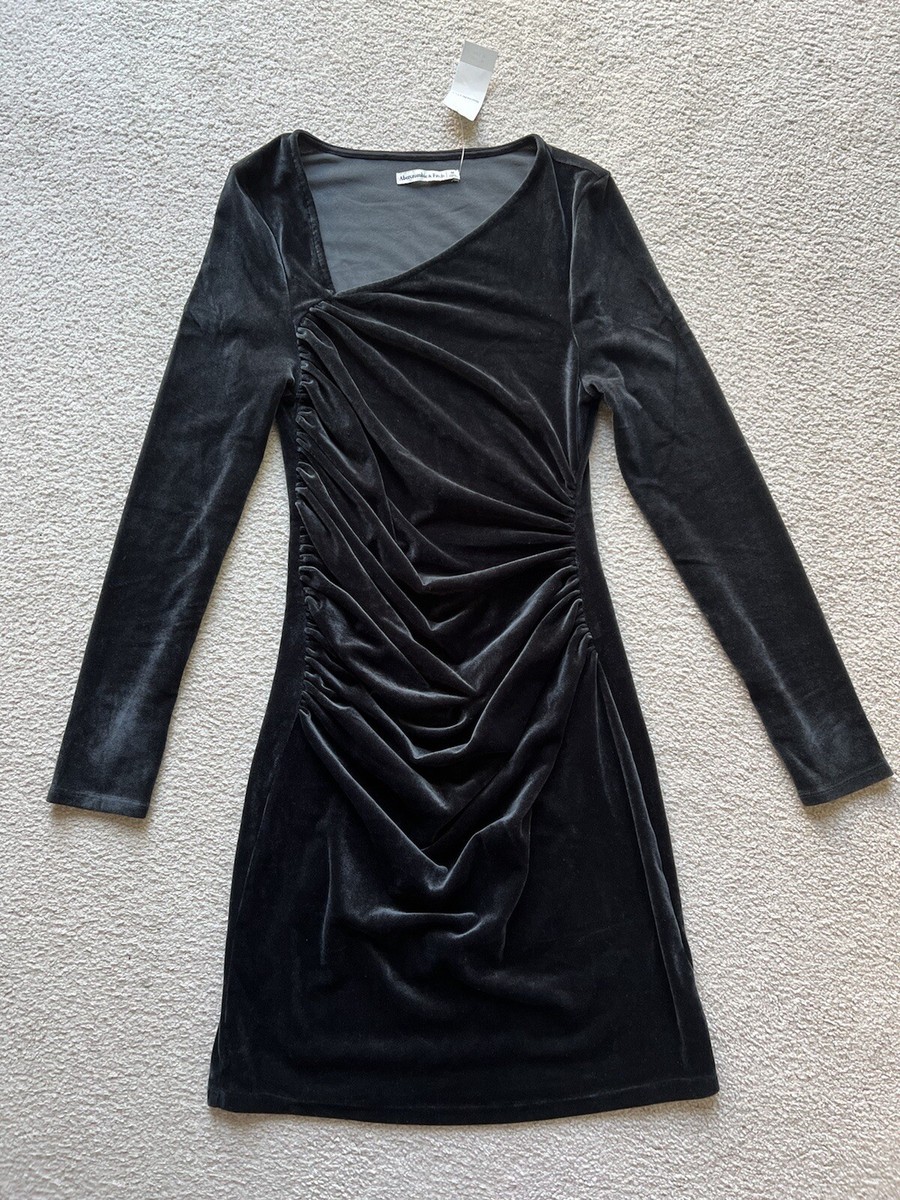 navy blue dress for baby girl Abercrombie & Fitch A&F Long Sleeve Asymmetrical Velvet Mini Dress Stretch  M New