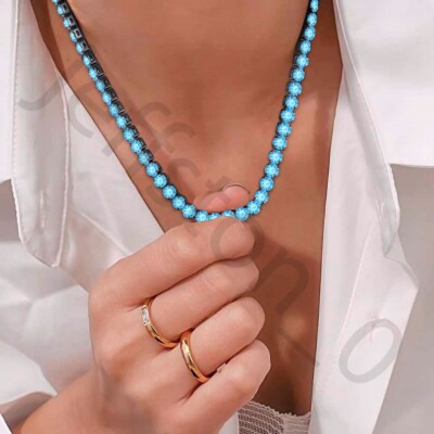 45.72ctw Lab Created Round Blue Topaz 14K Black Gold Plated 4 mm Tennis Necklace