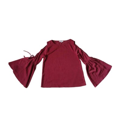 Ro & De Maroon Cordovan Red Lace Up Cold Shoulder Long Bell Sleeve Blouse Medium