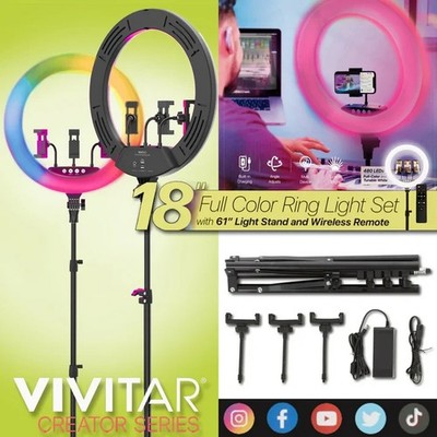 Vivitar 18'' LED RGB Ring Light with Tripod, Phone Holder USB Charging Ports, and