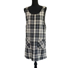 Vintage 90s Black Cream Plaid Pinafore Overall Dress Large Linen Blend