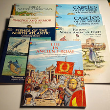 Lot of 7 Dover Coloring Books, Educational History UNUSED, Vintage 1980s, Asst.