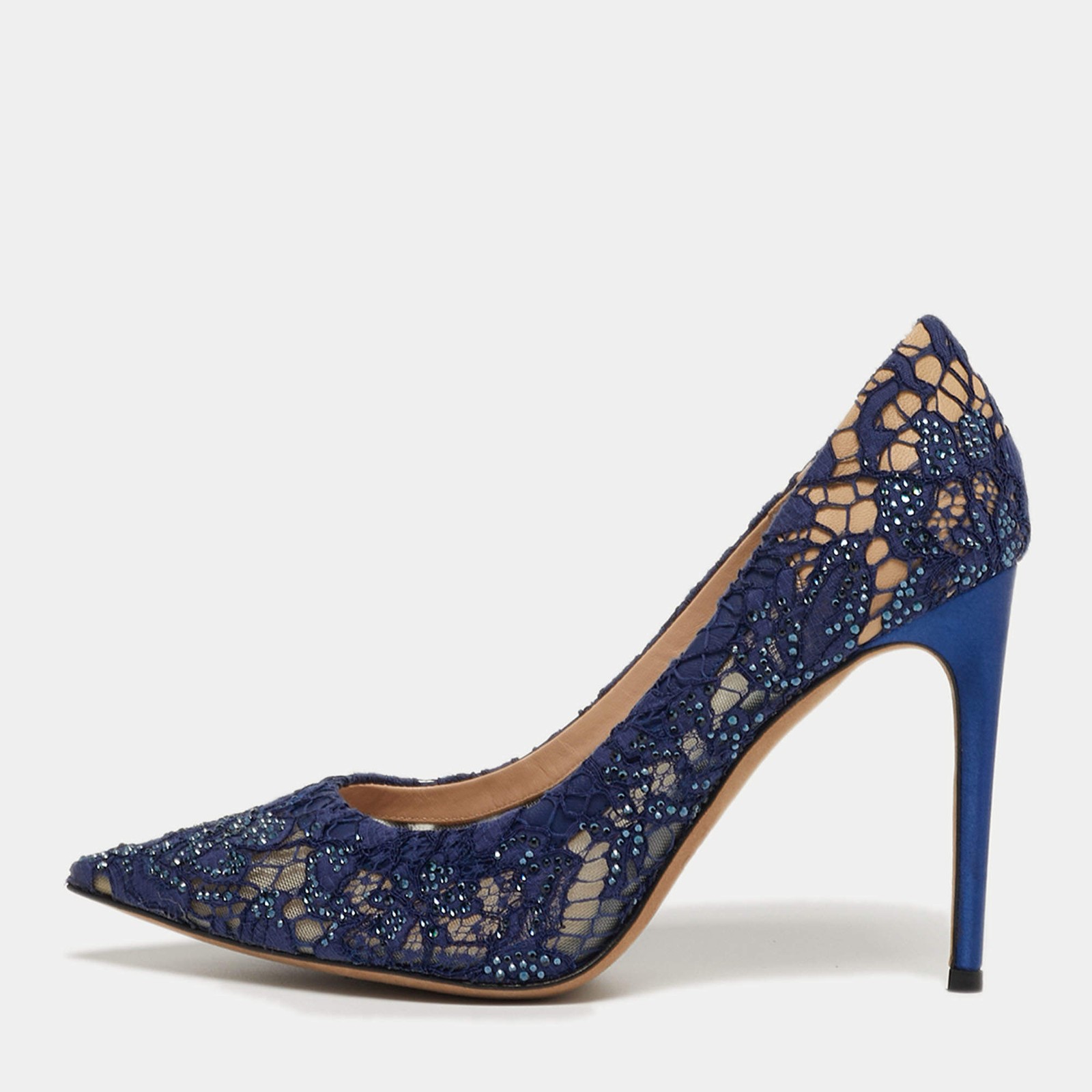 Valentino Size 38 Navy Blue Lace Crystal Embellished Pointed Toe Pumps