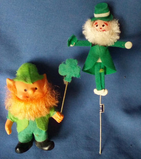 2 VINTAGE ST. PATRICK'S DAY DECORATIONS LEPRECHAUN DOLL & PICK JAPAN