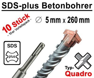 10 Stück SDS-plus Betonbohrer 5 x 260 mm Quadro Bohrer Hammerbohrer Steinbohrer