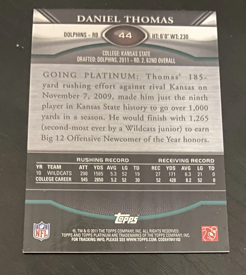 2011 Topps Platinum 44 Daniel Thomas Green Refractors /499 RC Miami Dolphins - Image 2 of 2
