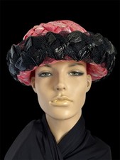 Vintage 50er rosa schwarz gewebter Strohhut breite Krempe Statement Hochzeit Ascot Teepar