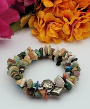 Multicolor Gemstone Chip Wrap Bracelet Boho Dainty Colorful 5.5" Sizable