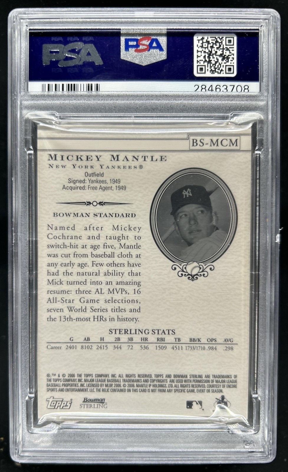2006 Bowman Sterling Mickey Mantle #BS-MCM New York Yankees PSA 10 GEM MINT view 2