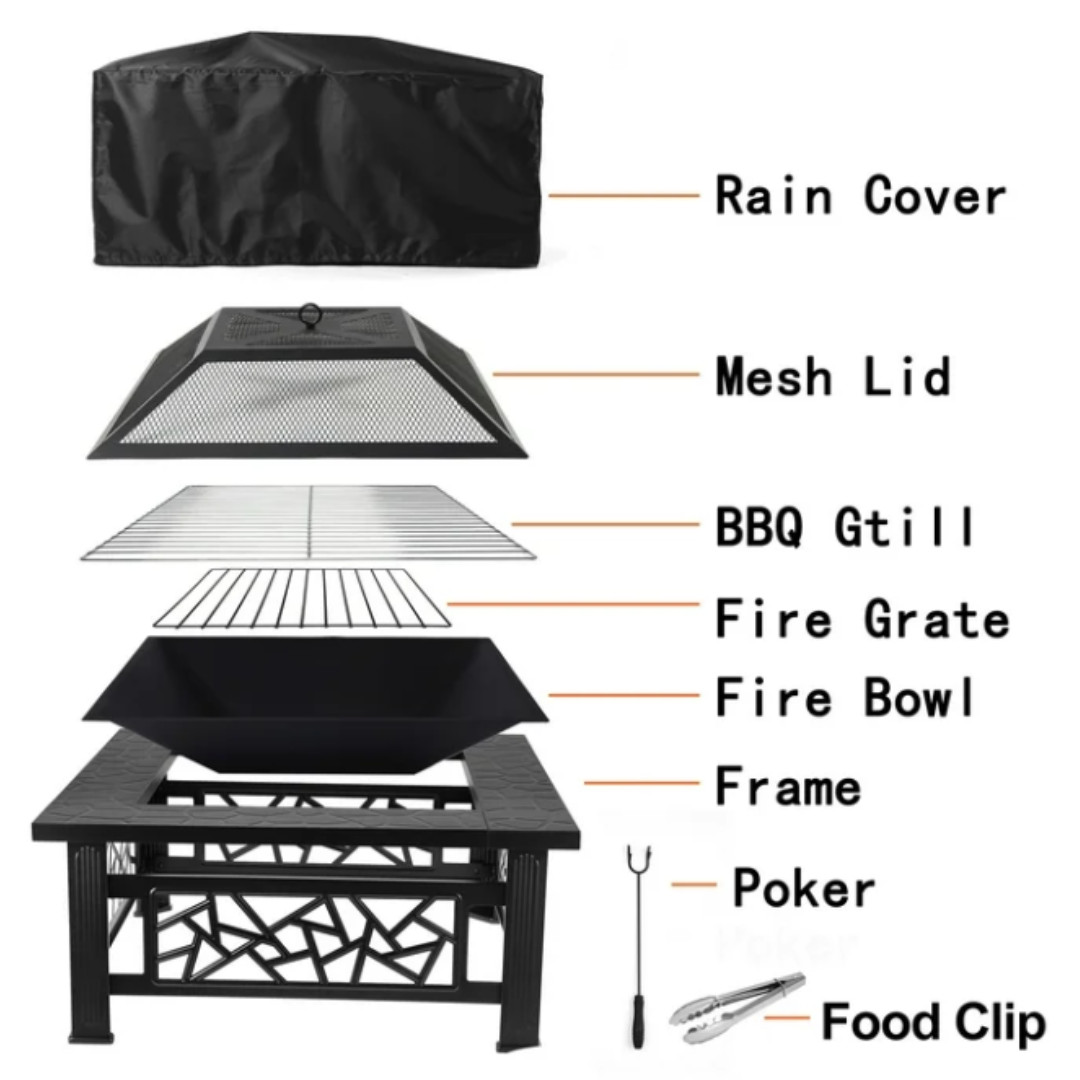 32" Outdoor Fire Pit Wood Burning Metal Fireplace w/Poker and Cover for Backyard