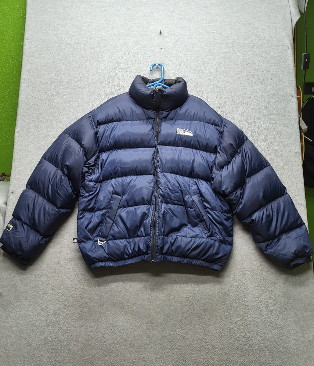 First Down Men Jacket L Navy Logo Embroidery Puffer Reversible 