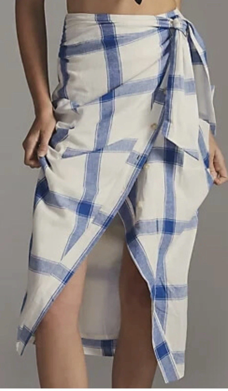Maeve Blue White Plaid Wrap Linen Skirt Anthropologie Asymmetric Button Sz 6P