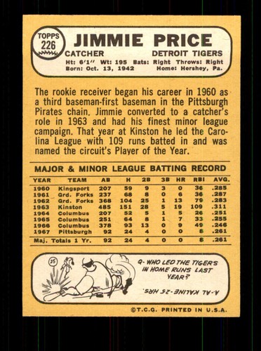 1968 Topps #226 Jim Price NM-MT - Picture 2 of 2