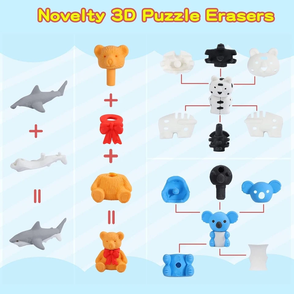 40 piezas Gomas de borrar animales Escritorio Mascotas para niños Borrador montado 3D Puzzle Gomas de borrar Clase Foto 3 de 4