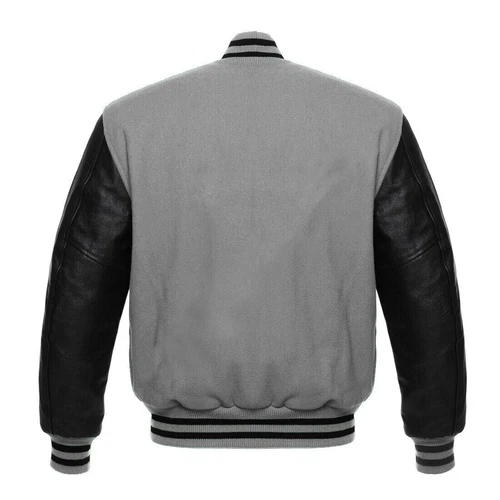 Varsity Men's Letterman Baseball Gray Wool Genuine Black Leather Sleeves Jackets image 2