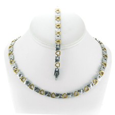 WOMEN STAINLESS STEEL 2 TONE DOUBLE HEART NECKLACE BRACELET SET XO STAMPATO 18"