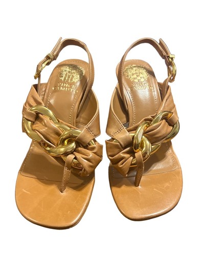 Vince Camuto Womens Melzie Brown Leather SandalChain Thong Kitten Heels Size 6.5