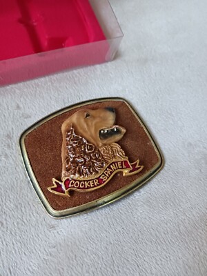Vintage 1979 Cocker Spaniel Belt Buckle - By Raintree - Brass & Felt - Pet Dog