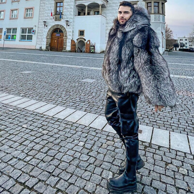 Mens Real Whole Skin Silver Fox Fur Hooded Coat Winter Genuine Fur