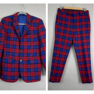 Brian Dales Italy Suit Men Blazer & Trousers EU 46 US 36 Red Plaid Tartan Wool