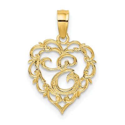 14K Yellow Gold E Script Initial In Heart Pendant