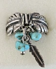 Vtg 925 Sterling Silver Native Turquoise & Feather Charm Ring Size 7