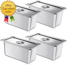 4 Pack Stainless Steam Hotel Pan with Lid 1/3 Size X 6 Inch Deep Table Steam