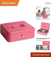 Cash Box Metal Pink Lockable Safe Storage Tray Coin Money Organizer