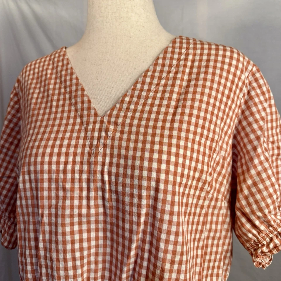 Blusa para mujer Downeast roja oxidada a cuadros de guinga manga abullonada peplum XXL Foto 4 de 4