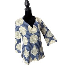 Before + Again Floral Textured Tunic Top Flare Sleeve Size S Blue Artsy Coastal