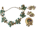 Vintage 1950's Coro Costume Jewelry Lot, Rhinestones, Leaf Bracelet, Faux Pearls