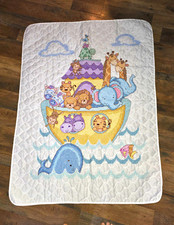 Embroidered Crib Quilt Noah's Ark Safari Theme Unisex Baby Blanket Wall Hanger