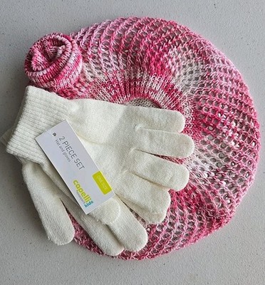 Capelli New York Kids 2 Piece Lined Hat Beret Tam & Gloves Set - Pink & White