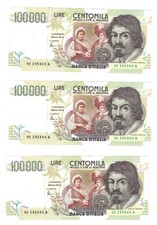 LOT 3 Banknotes 100 000 Lire 1994 Italy Consecutive Serial Uncirculated # 117