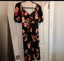 Express XS Black Floral Chiffon Puff Sleeve V-Neck Smocked Midi Dress