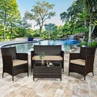 4PCS Patio Rattan Conversation Furniture Set Outdoor w/ Brown & Grey Cushion