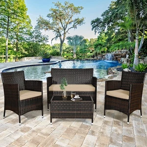 4PCS Patio Rattan Conversation Furniture Set Outdoor w/ Brown & Grey Cushion
