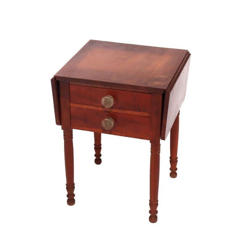 Antique Sheraton Cherry & Tiger Maple Two Drawer Drop Leaf Table C1840