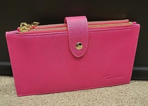 Travelambo Pink Bifold 17 Card Wallet W/ Two Gold-Toned Zipper Compartments 