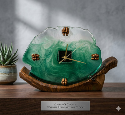 Handmade Walnut Wood & Green Epoxy Resin Desk Clock - Unique Artisan Home Decor