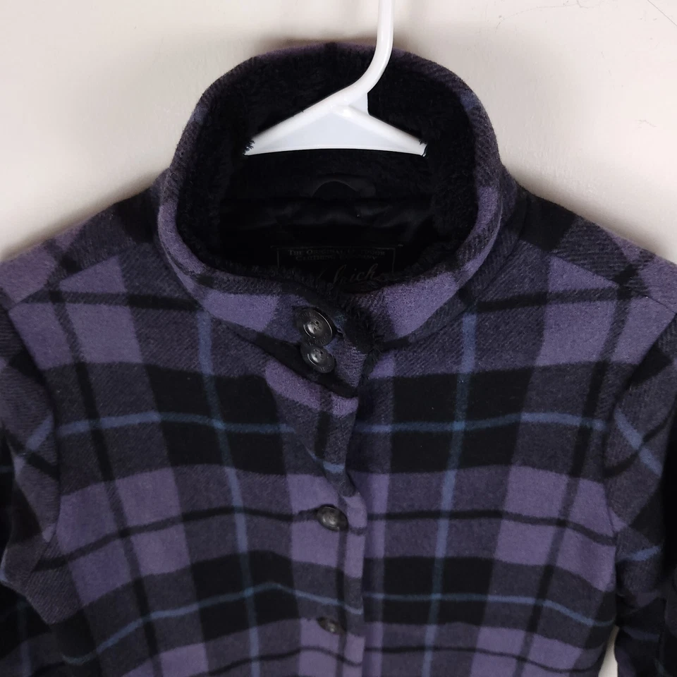 Casaco Woolrich feminino pequeno roxo preto xadrez mistura de lã botão para cima forro acolchoado - Imagem 3 de 4