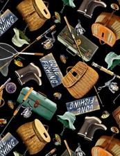 Fishing Gear Fabric by Timeless Treasures C6403 Gone Fishing on Black Background
